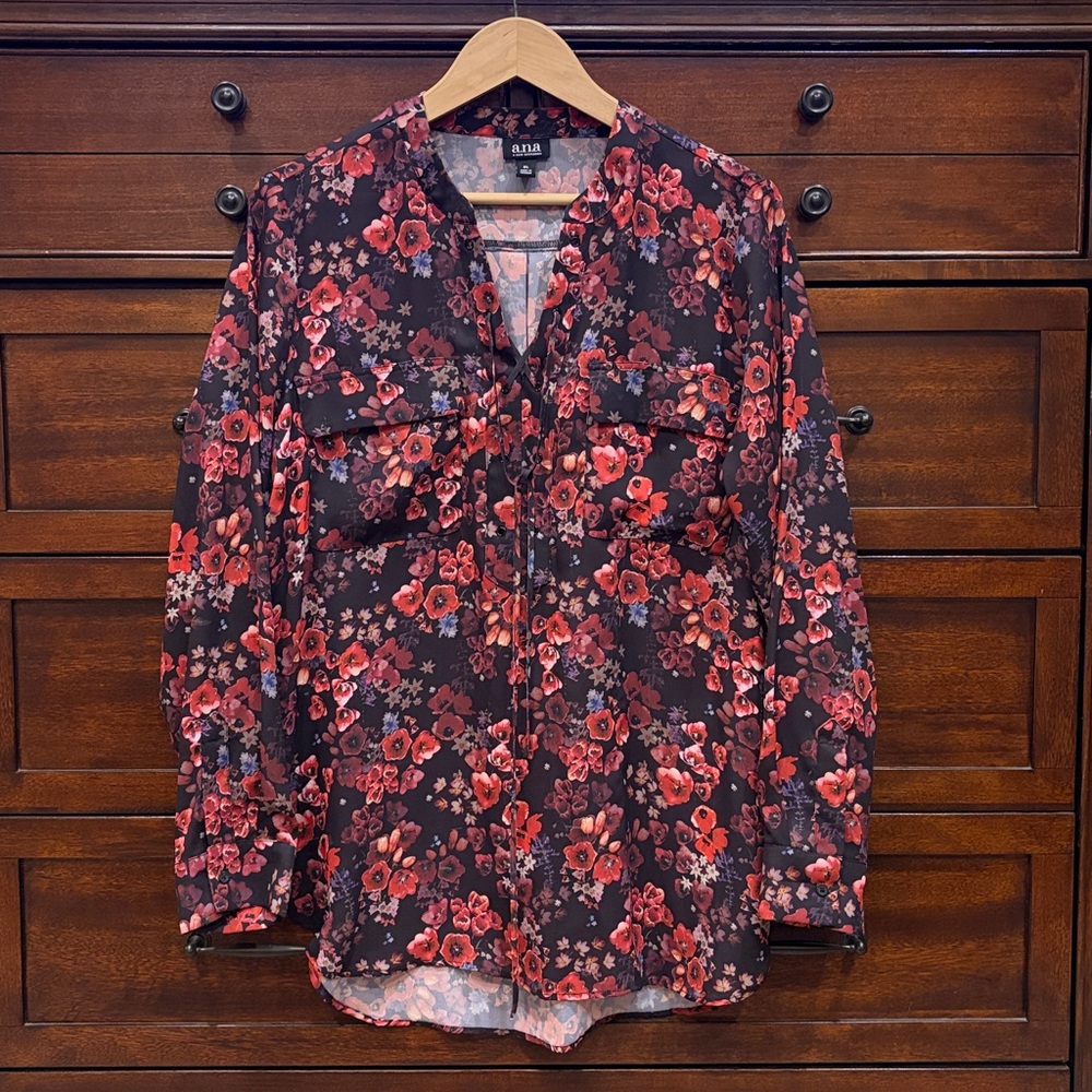 A.N.A. A New Approach Womens XL Floral Button Up Shirt Long Sleeve Dark Boho
